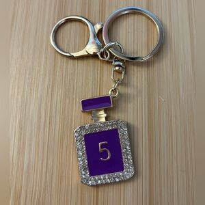 Number 5 Perfume Bottle Goldtone Bag Charm Keychain purple gold